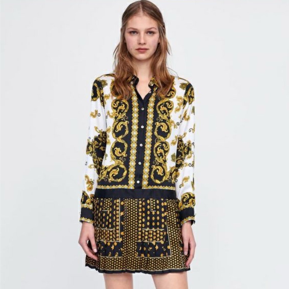 Zara Baroque Print Black and Gold Pleated Dress Size XS